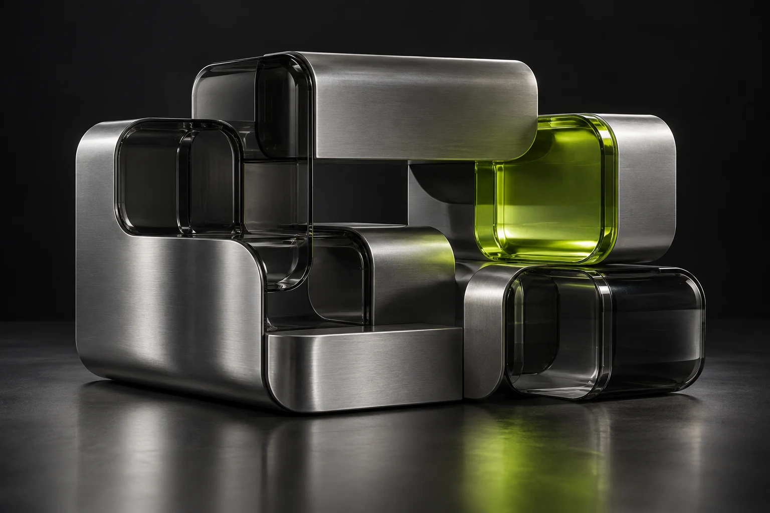 Connected metal and glass modules with a lime accent, illustrating a joined-up business system